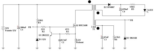 fuente autooscilante de 12V a 5V con MOSFET