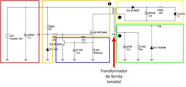 fuente autooscilante de 12V a 5V con MOSFET