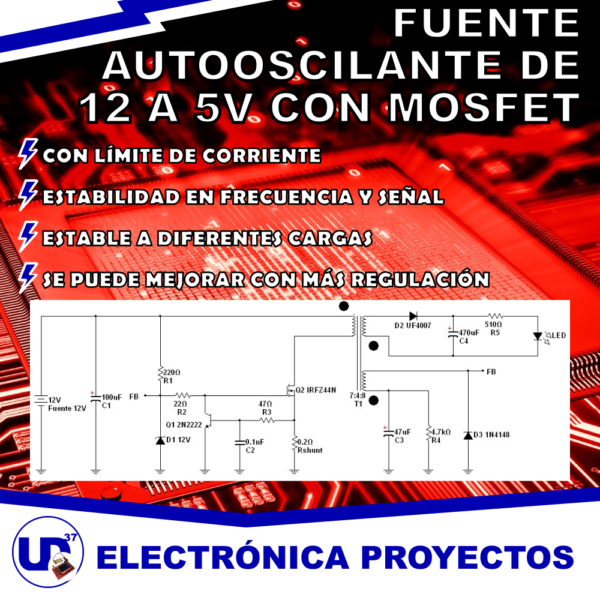 fuente autooscilante de 12V a 5V con MOSFET